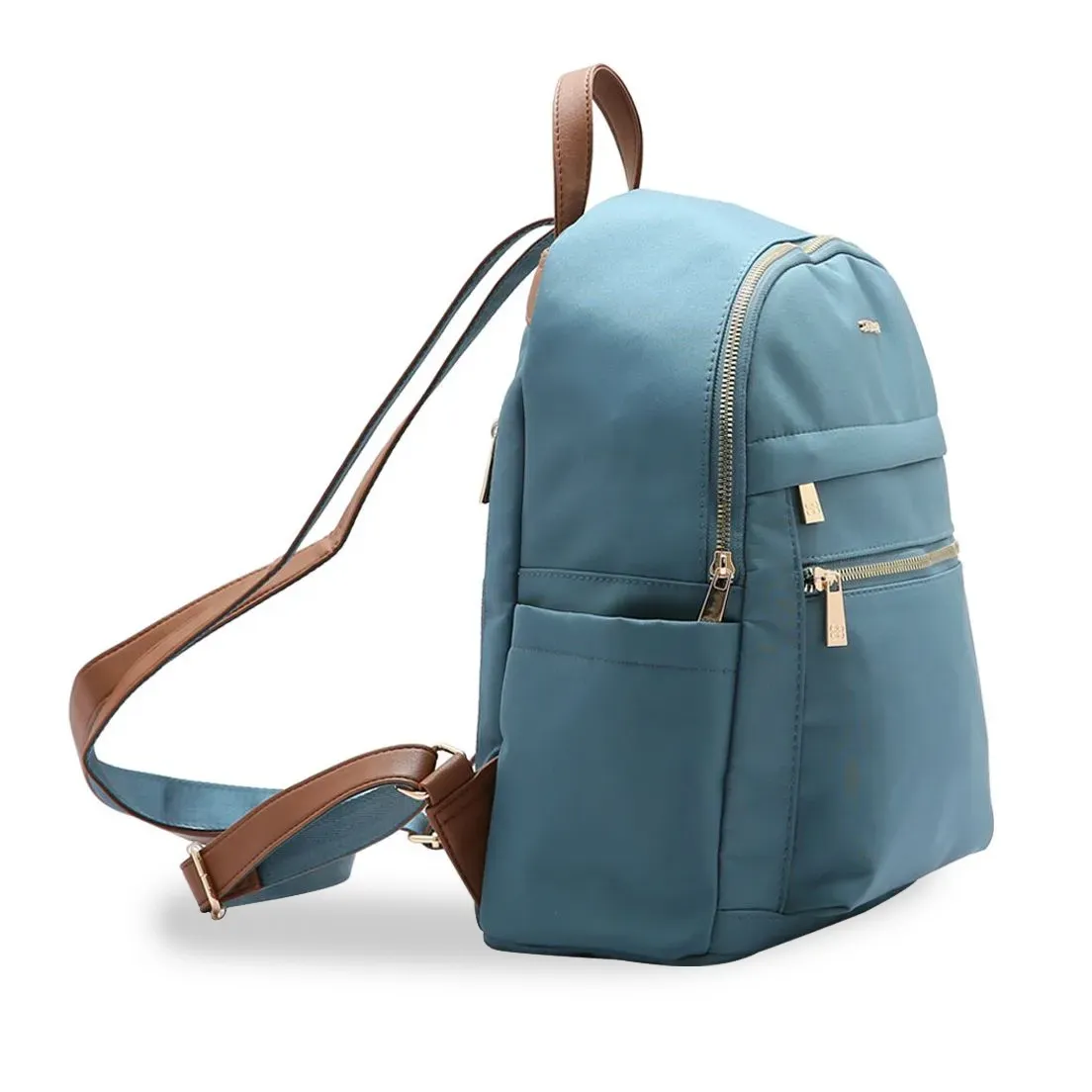 Mochila feminina Chenson azul vista lateral com bolso aberto e alças ajustáveis